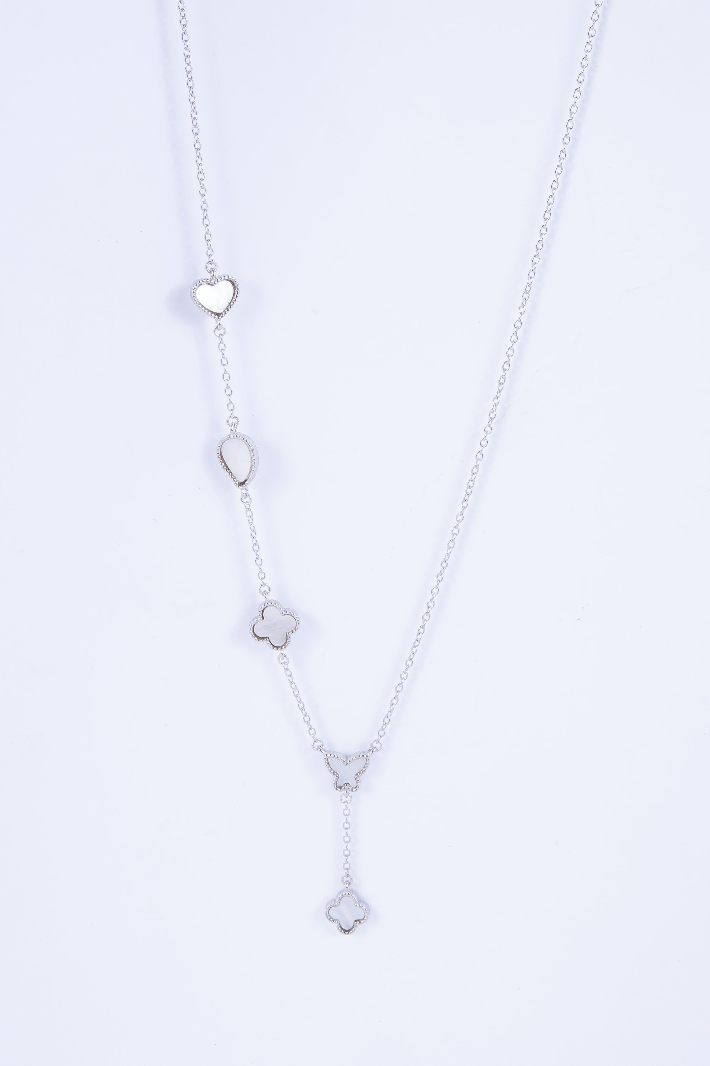 Collar Multi Leaf Charm MOP Dangle Silver
