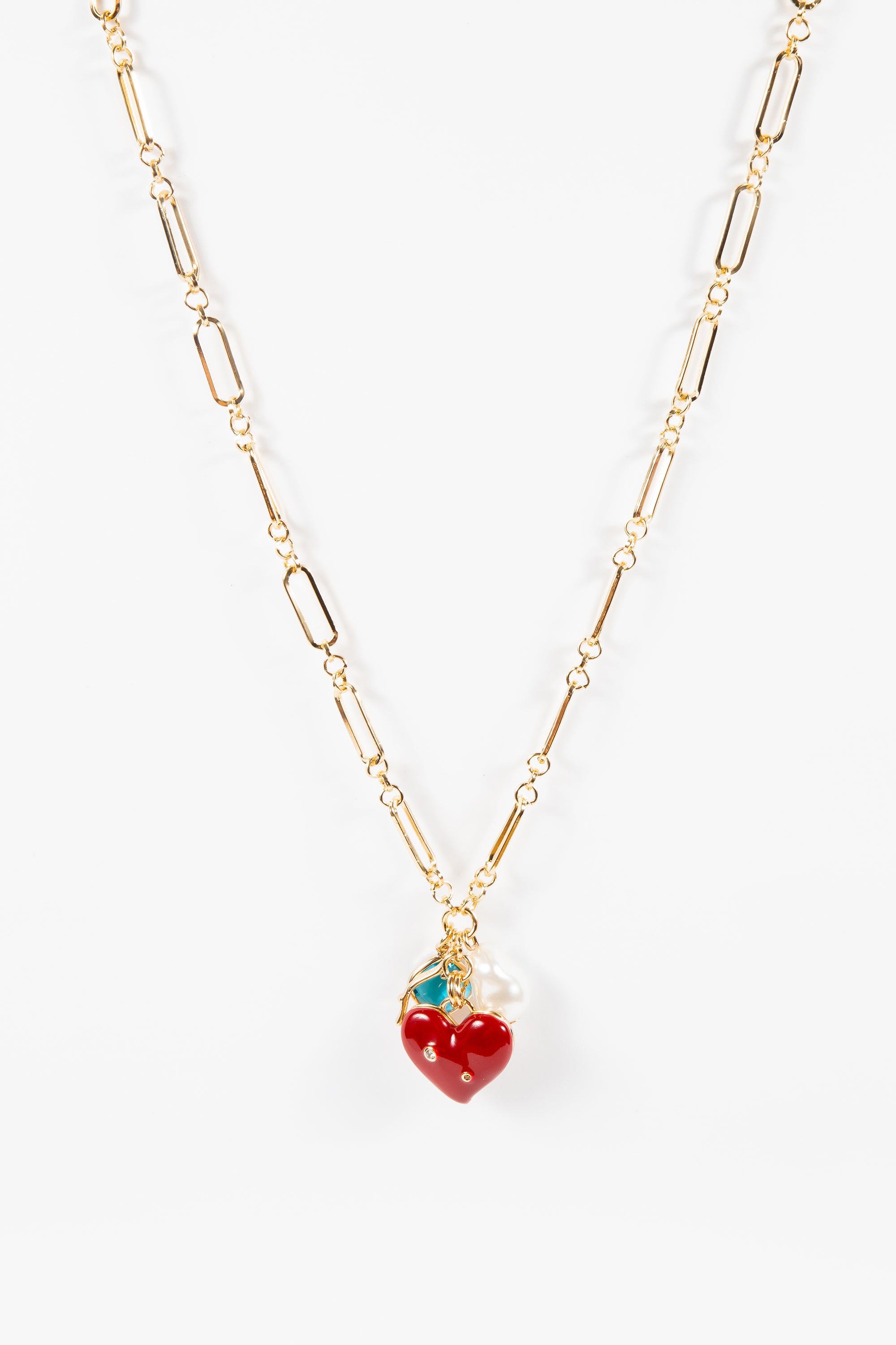 Collar Summer Brass Paperclip Enamel Red Heart & Pearl