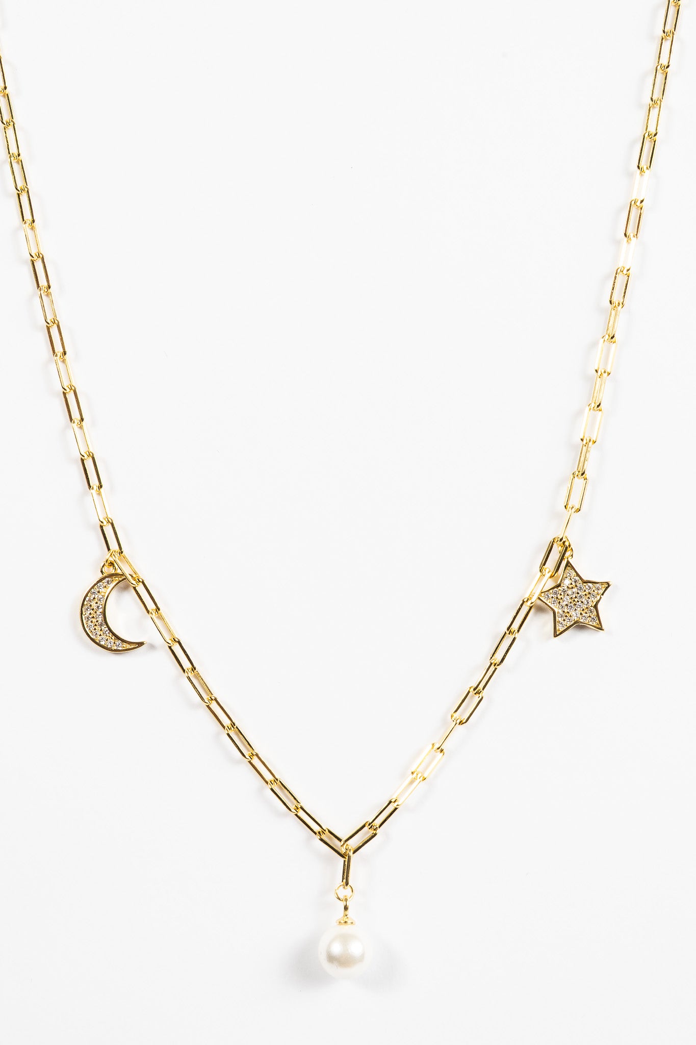 Collar Paperclip Moon & Star Pearl Choker