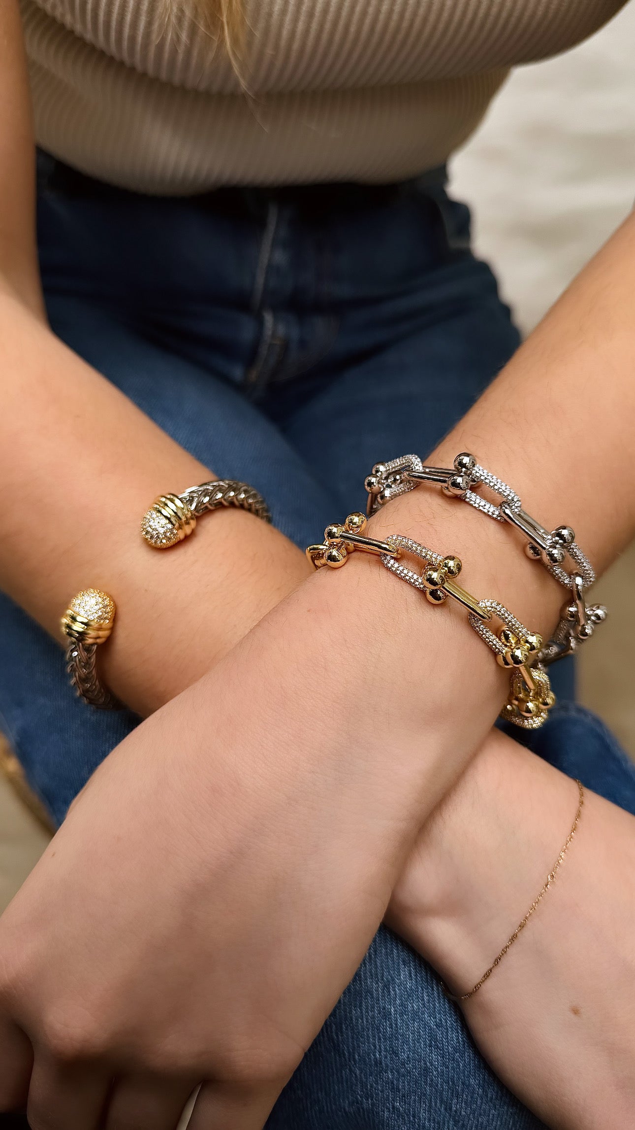 Pulsera Stainless Bicolor Rope & CZ Cuff