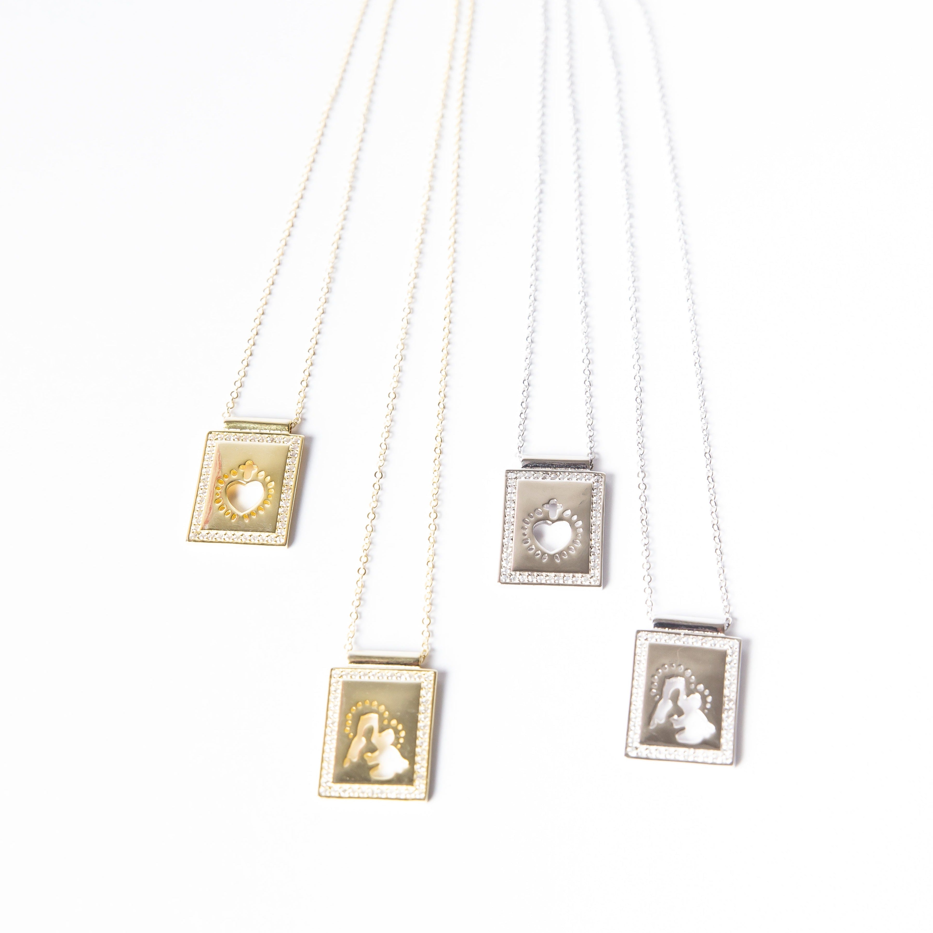 Collar Large Virgin & Heart Scapular CZ Silver