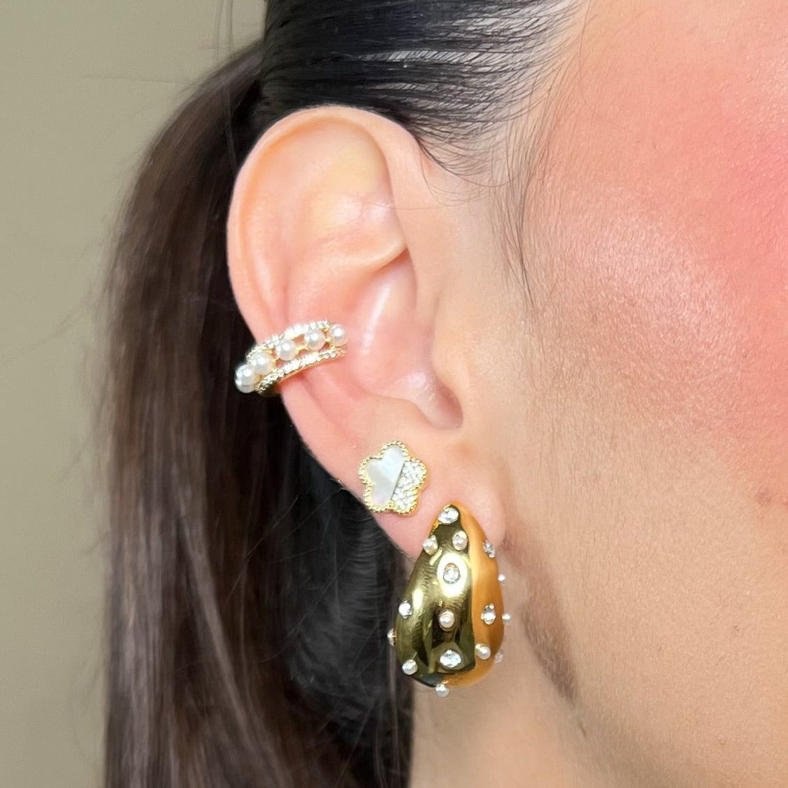 Aro Half MOP & Half CZ Flower Stud