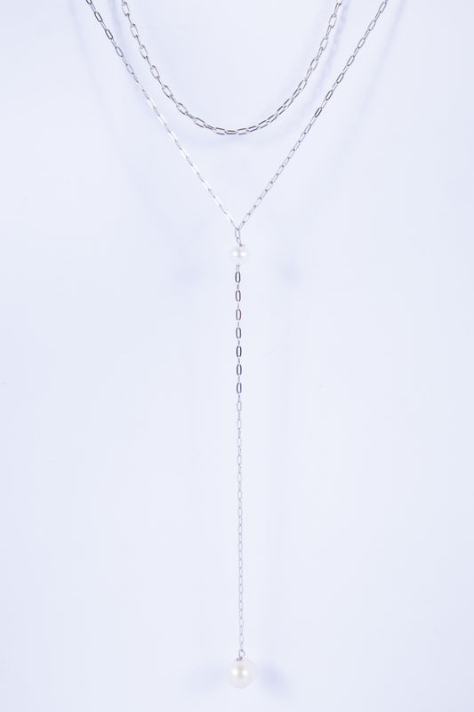 Collar Double Strand Paperclip Gran Pearl Silver