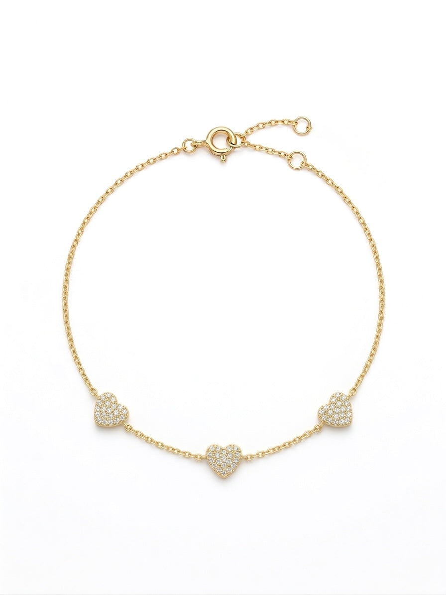 Pulsera SS 3 Large CZ Hearts Gold L